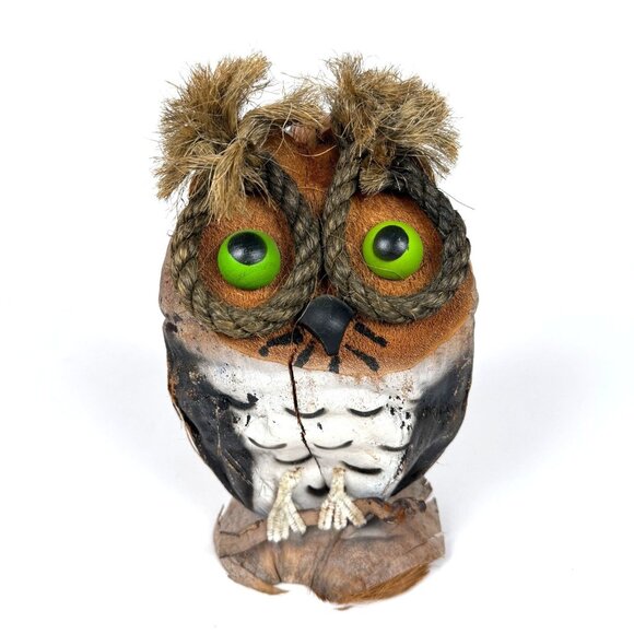 Coconut Owl 9in Figurine Rustic Handcrafted Decor Eco-Friendly Artistic Owl - Picture 1 of 8